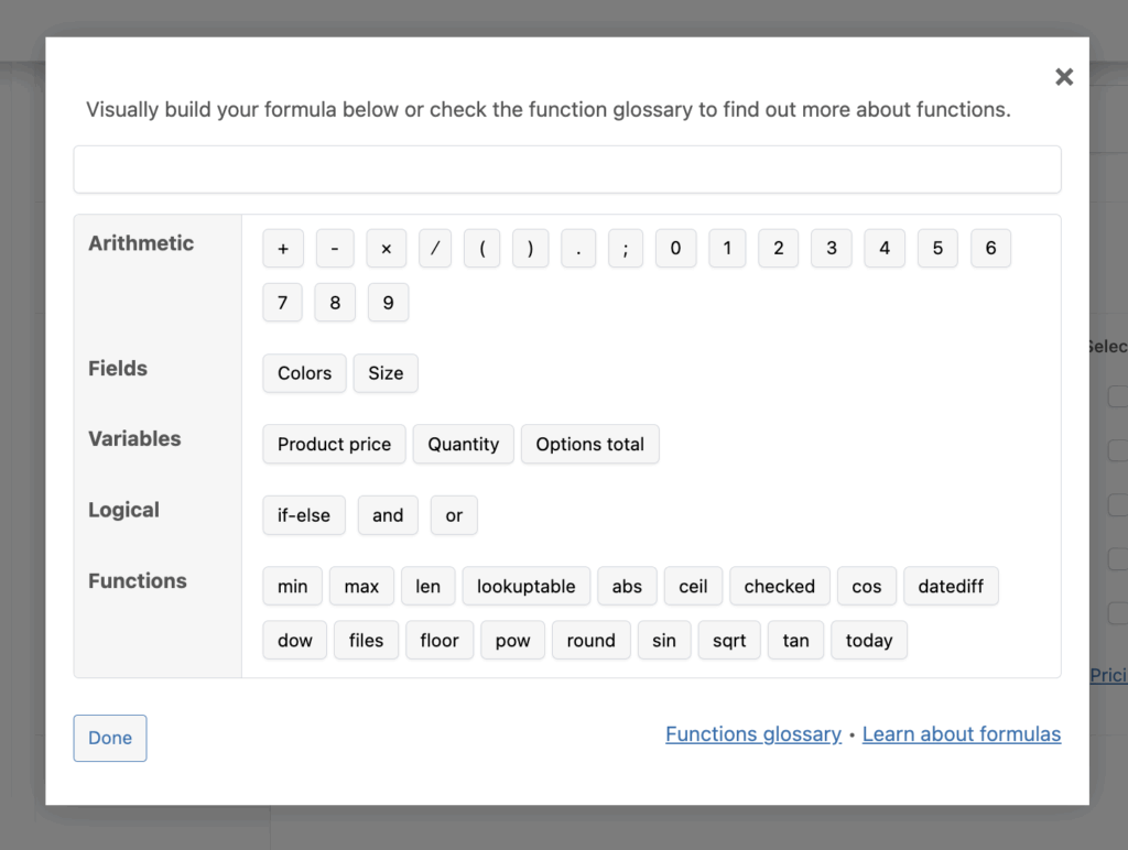 Set formula-based pricing for custom fields