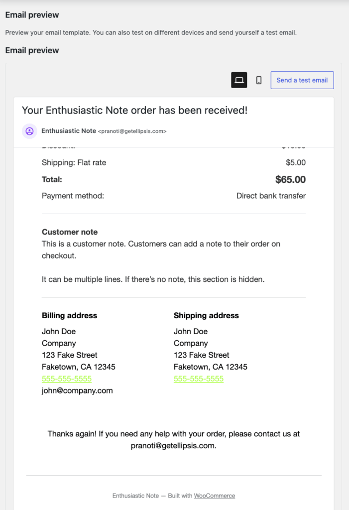 Preview your default order confirmation email template
