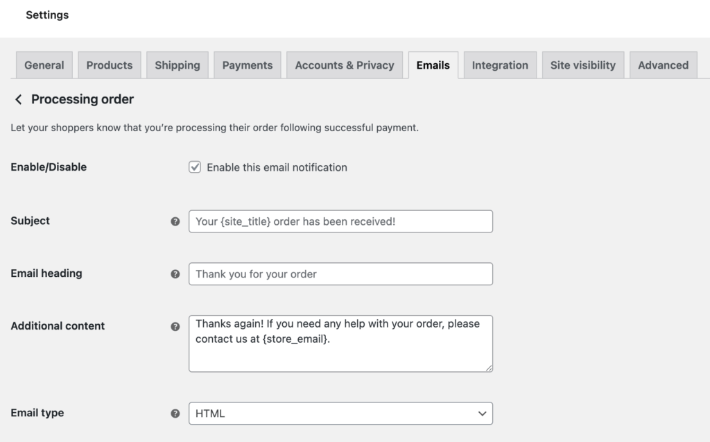 WooCommerce processing email template and settings