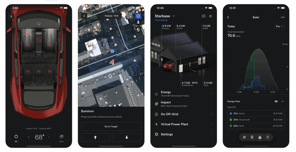 Mobile screenshots of the Tesla iOS app built using React Native | Source: Tesla AppStore