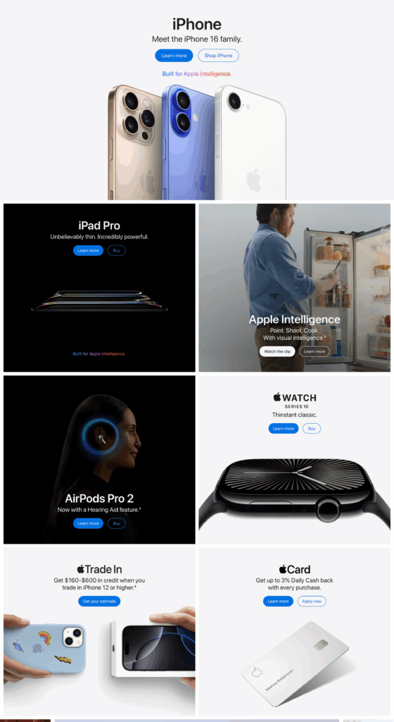 Apple’s home page featuring a neutral color palette and clear directions to each of their products | Source: Apple