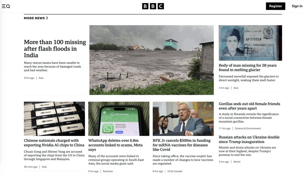 The BBC website featuring news from around the world | Source: BBC