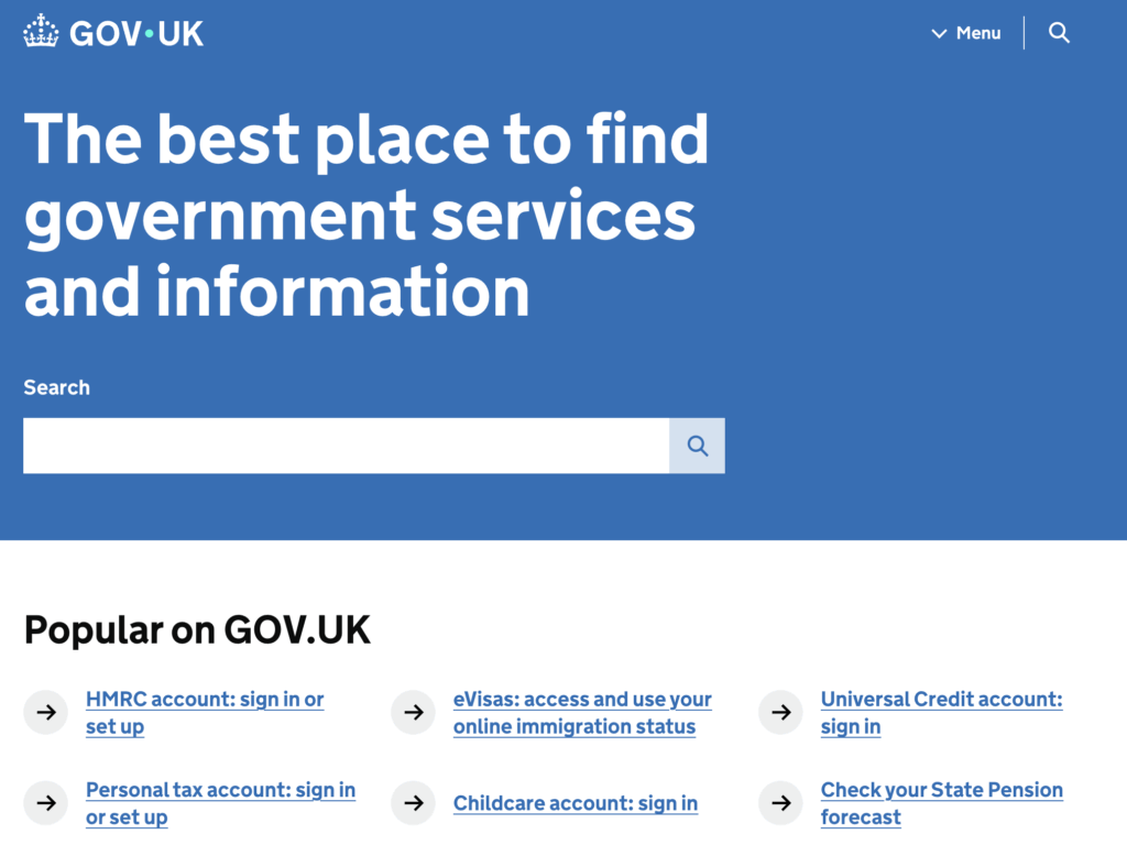 The clean layout of the gov.uk home page | Source: gov.uk