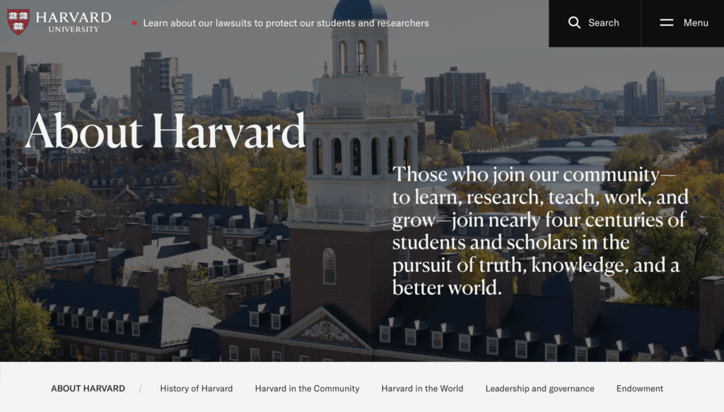 Harvard’s clear and accessible navigation makes it easy to explore all its academic programmes and information | Source: Harvard