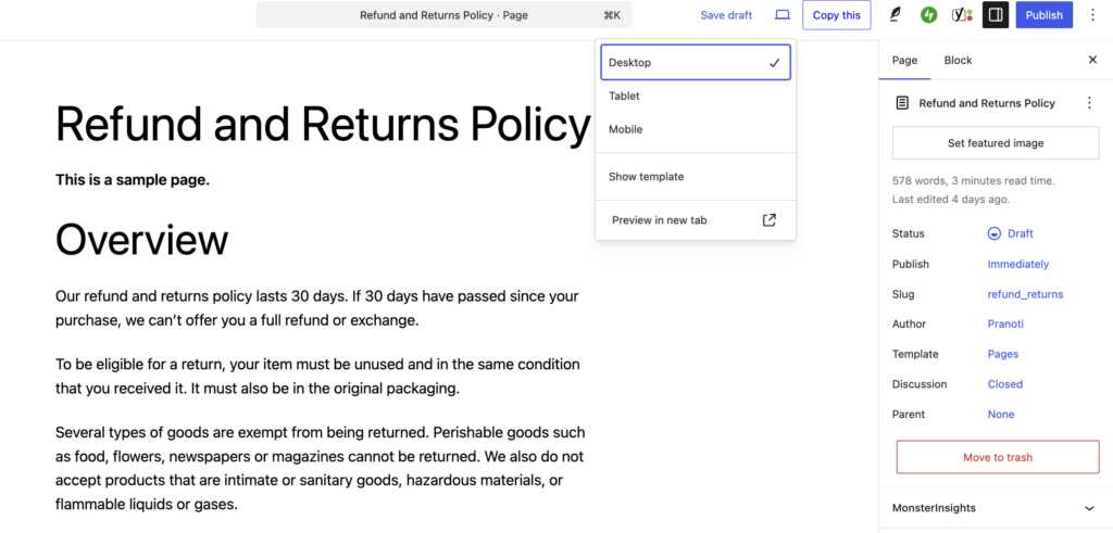 The live preview button in WordPress