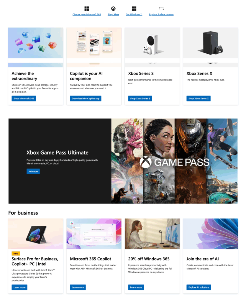 Microsoft’s home page showcasing their most popular offerings at a glance | Source: Microsoft