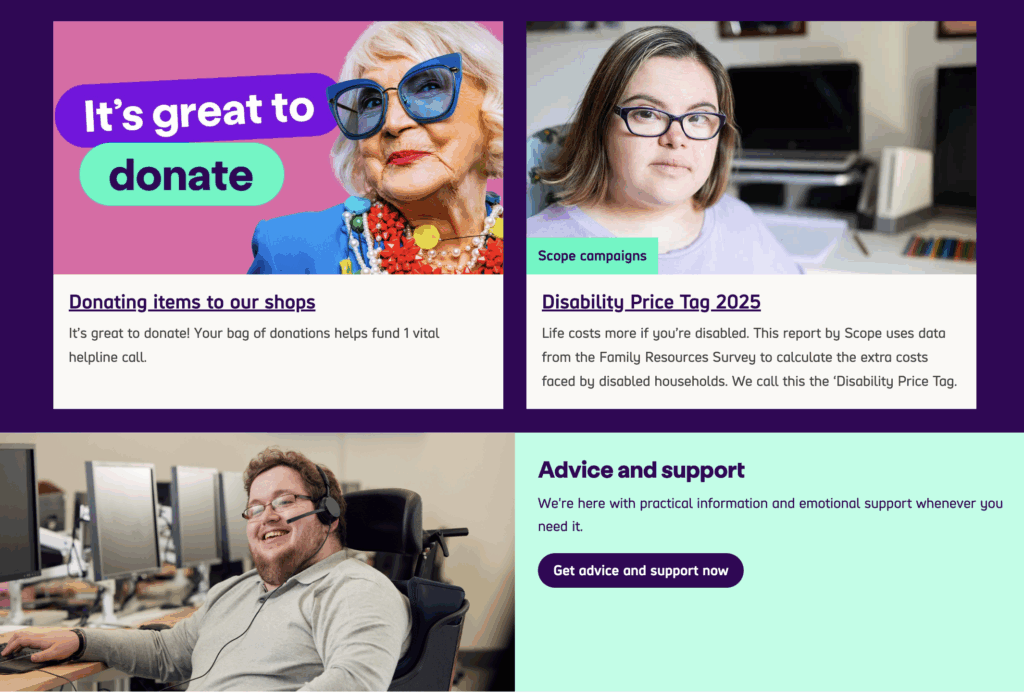 Scope’s vibrant and clean home page that has accessibility for all as its cornerstone | Source: Scope UK