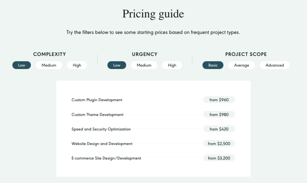 Codeable’s project pricing based on project complexity, urgency, and scope