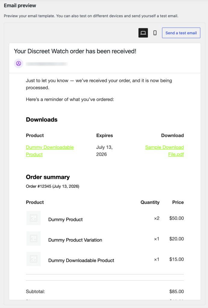 Preview of email template in desktop view