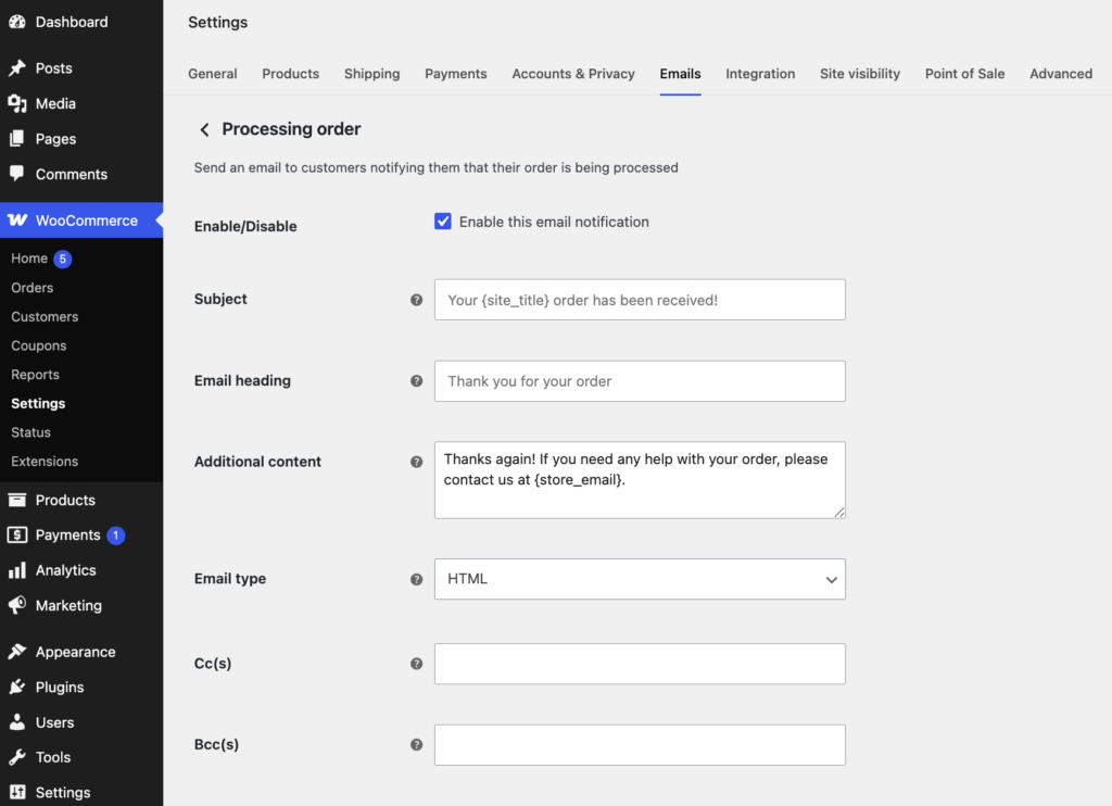 Customizing an individual email template using WooCommerce’s default customization settings