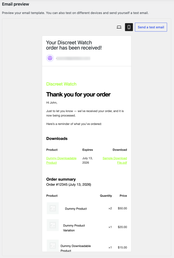 Preview of email template in mobile view