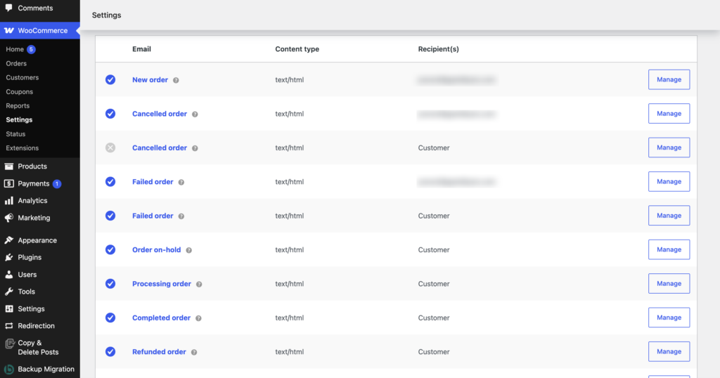 WooCommerce’s default email management settings